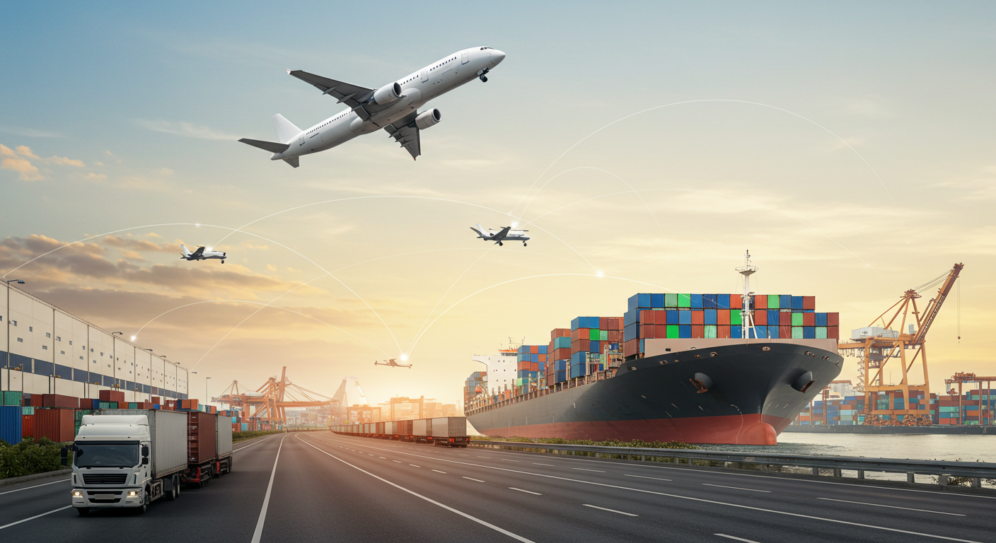 Airplane flying above cargo ship illustrating MSLC sea and air freight coordination services.